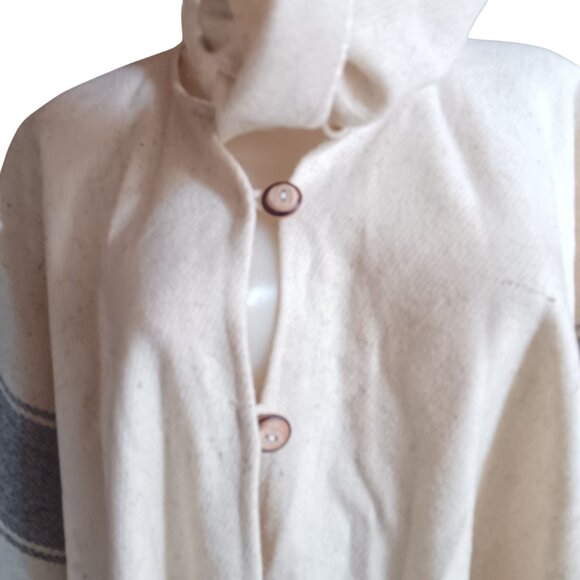 Vintage Women's Boho Poncho Beige & Gray Striped Wool Fringe Hem 1980's Necktie - Picture 3 of 7